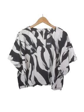 DKNY Women Linen Blend Kimono Sleeve Tunic XL Black White Beach Resort Old Money